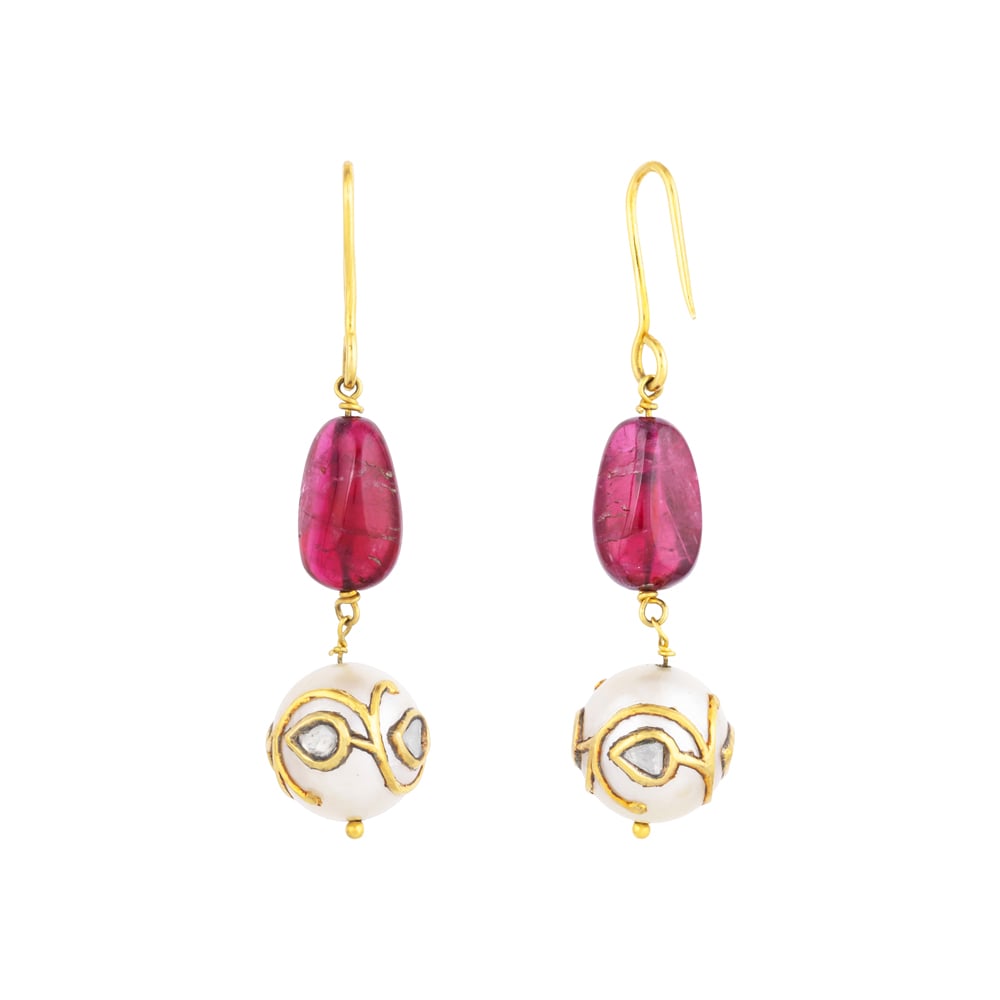 Tourmaline Drop Earrings with Jadau Pearl Bead and Fish Hook